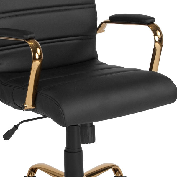 English Elm Whitney Mid-Back Executive Swivel Office Chair - Ergonomic Support, Stylish Design, Adjustable Comfort Black LeatherSoft/Gold Frame GO-2286M-BK-GLD-GG