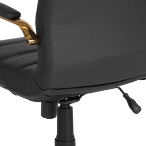 English Elm Whitney Mid-Back Executive Swivel Office Chair - Ergonomic Support, Stylish Design, Adjustable Comfort Black LeatherSoft/Gold Frame GO-2286M-BK-GLD-GG