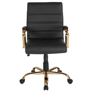 English Elm Whitney Mid-Back Executive Swivel Office Chair - Ergonomic Support, Stylish Design, Adjustable Comfort Black LeatherSoft/Gold Frame GO-2286M-BK-GLD-GG