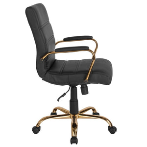 English Elm Whitney Mid-Back Executive Swivel Office Chair - Ergonomic Support, Stylish Design, Adjustable Comfort Black LeatherSoft/Gold Frame GO-2286M-BK-GLD-GG