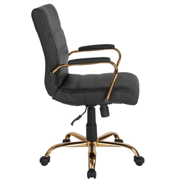 English Elm Whitney Mid-Back Executive Swivel Office Chair - Ergonomic Support, Stylish Design, Adjustable Comfort Black LeatherSoft/Gold Frame GO-2286M-BK-GLD-GG