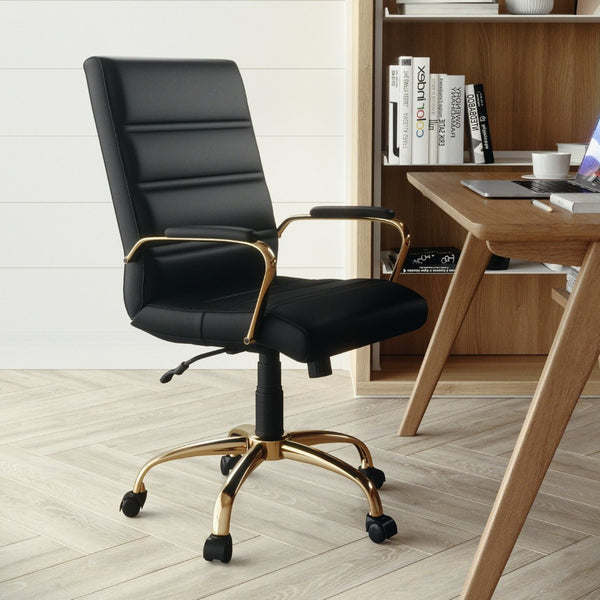 English Elm Whitney Mid-Back Executive Swivel Office Chair - Ergonomic Support, Stylish Design, Adjustable Comfort Black LeatherSoft/Gold Frame GO-2286M-BK-GLD-GG