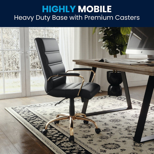 English Elm Whitney Mid-Back Executive Swivel Office Chair - Ergonomic Support, Stylish Design, Adjustable Comfort Black LeatherSoft/Gold Frame GO-2286M-BK-GLD-GG