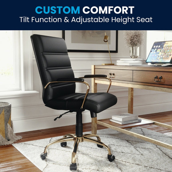 English Elm Whitney Mid-Back Executive Swivel Office Chair - Ergonomic Support, Stylish Design, Adjustable Comfort Black LeatherSoft/Gold Frame GO-2286M-BK-GLD-GG