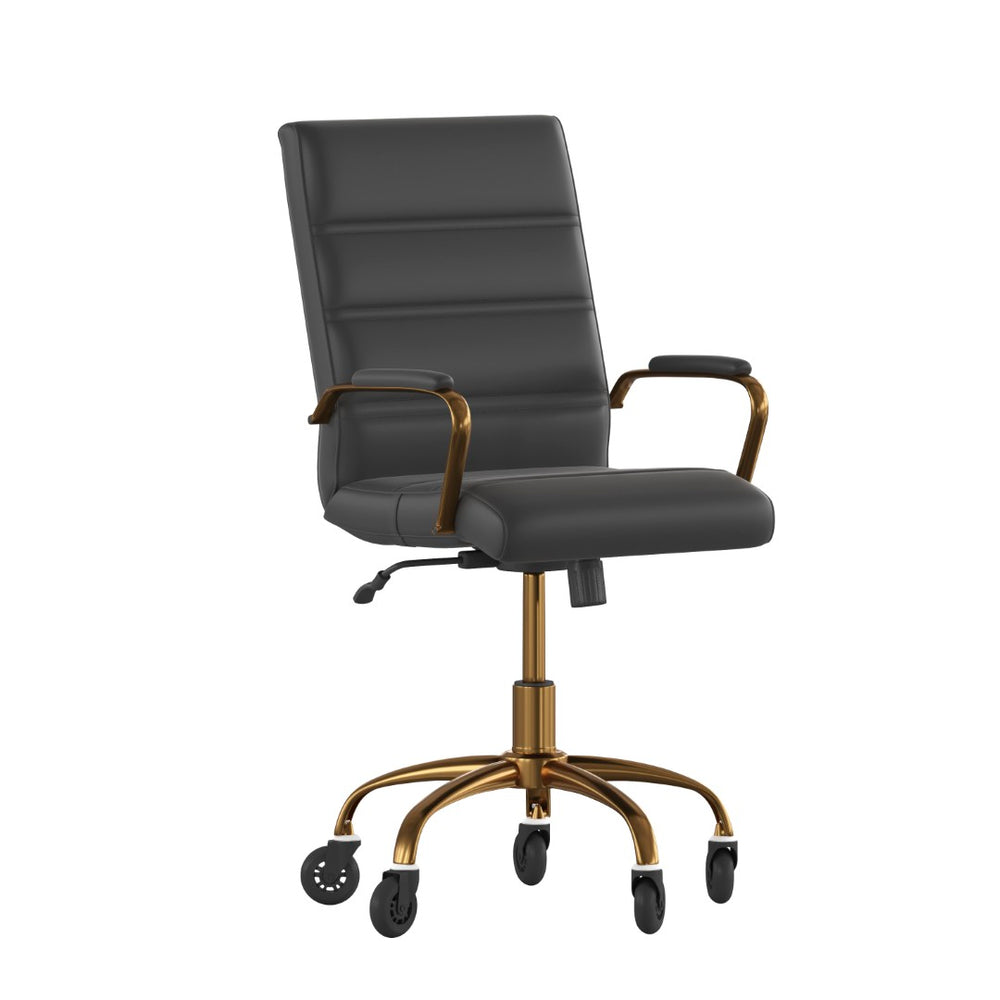 English Elm Camilia Mid-Back Executive Swivel Office Chair - Ergonomic Design for Comfort and Style at Work Black LeatherSoft/Gold Frame GO-2286M-BK-GLD-RLB-GG