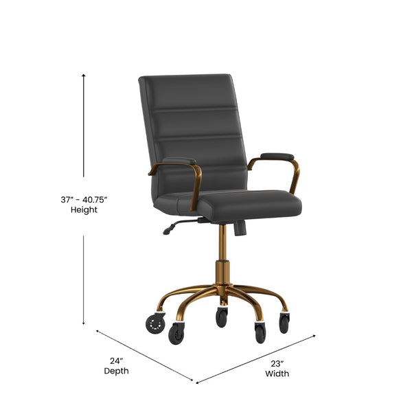 English Elm Camilia Mid-Back Executive Swivel Office Chair - Ergonomic Design for Comfort and Style at Work Black LeatherSoft/Gold Frame GO-2286M-BK-GLD-RLB-GG