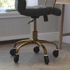 English Elm Camilia Mid-Back Executive Swivel Office Chair - Ergonomic Design for Comfort and Style at Work Black LeatherSoft/Gold Frame GO-2286M-BK-GLD-RLB-GG