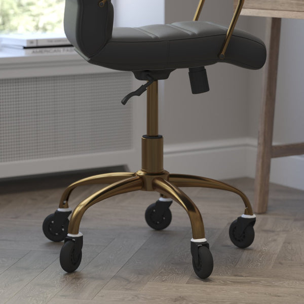 English Elm Camilia Mid-Back Executive Swivel Office Chair - Ergonomic Design for Comfort and Style at Work Black LeatherSoft/Gold Frame GO-2286M-BK-GLD-RLB-GG