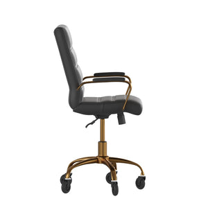 English Elm Camilia Mid-Back Executive Swivel Office Chair - Ergonomic Design for Comfort and Style at Work Black LeatherSoft/Gold Frame GO-2286M-BK-GLD-RLB-GG