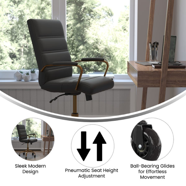 English Elm Camilia Mid-Back Executive Swivel Office Chair - Ergonomic Design for Comfort and Style at Work Black LeatherSoft/Gold Frame GO-2286M-BK-GLD-RLB-GG