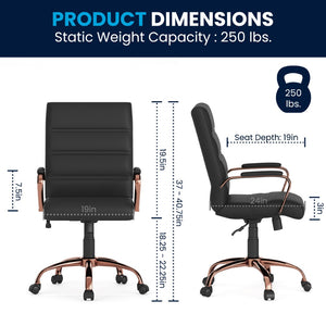 English Elm Whitney Mid-Back Executive Swivel Office Chair - Ergonomic Support, Stylish Design, Adjustable Comfort Black LeatherSoft/Rose Gold Frame GO-2286M-BK-RSGLD-GG