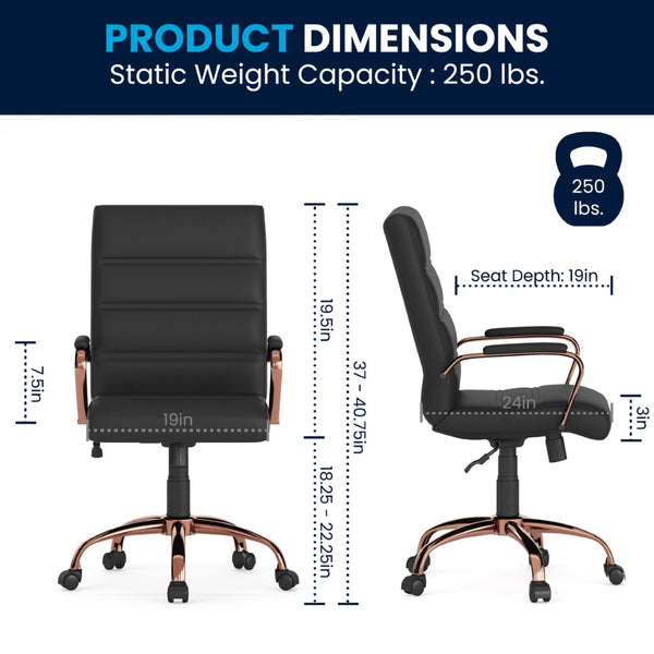 English Elm Whitney Mid-Back Executive Swivel Office Chair - Ergonomic Support, Stylish Design, Adjustable Comfort Black LeatherSoft/Rose Gold Frame GO-2286M-BK-RSGLD-GG