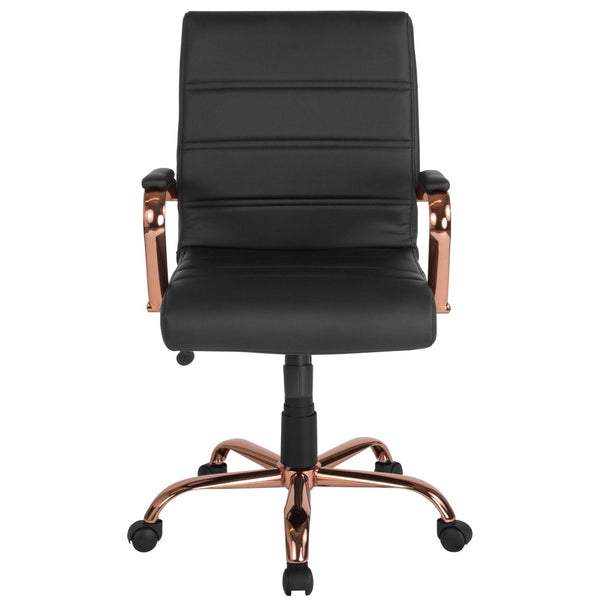 English Elm Whitney Mid-Back Executive Swivel Office Chair - Ergonomic Support, Stylish Design, Adjustable Comfort Black LeatherSoft/Rose Gold Frame GO-2286M-BK-RSGLD-GG