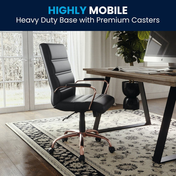 English Elm Whitney Mid-Back Executive Swivel Office Chair - Ergonomic Support, Stylish Design, Adjustable Comfort Black LeatherSoft/Rose Gold Frame GO-2286M-BK-RSGLD-GG