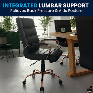 English Elm Whitney Mid-Back Executive Swivel Office Chair - Ergonomic Support, Stylish Design, Adjustable Comfort Black LeatherSoft/Rose Gold Frame GO-2286M-BK-RSGLD-GG
