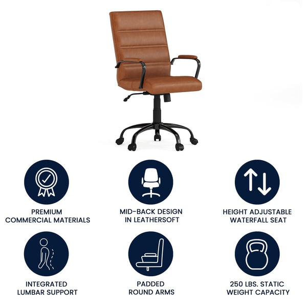 English Elm Whitney Mid-Back Executive Swivel Office Chair - Ergonomic Support, Stylish Design, Adjustable Comfort Brown LeatherSoft/Black Frame GO-2286M-BR-BK-GG
