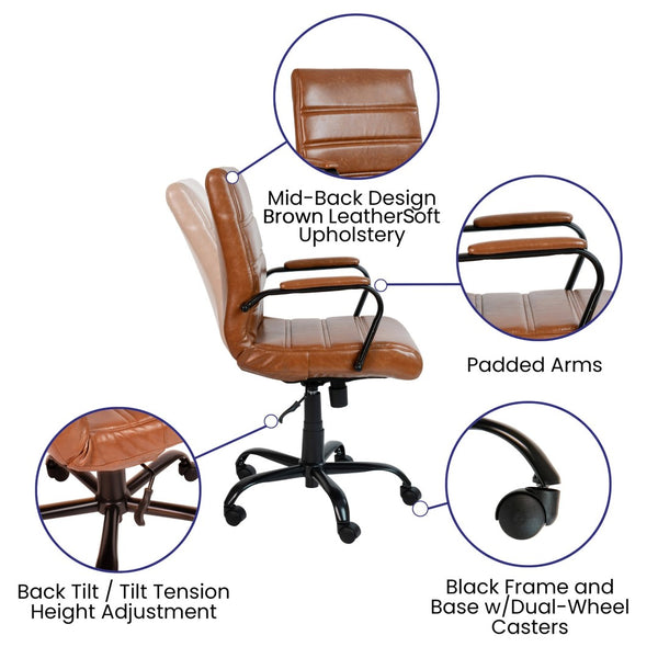 English Elm Whitney Mid-Back Executive Swivel Office Chair - Ergonomic Support, Stylish Design, Adjustable Comfort Brown LeatherSoft/Black Frame GO-2286M-BR-BK-GG