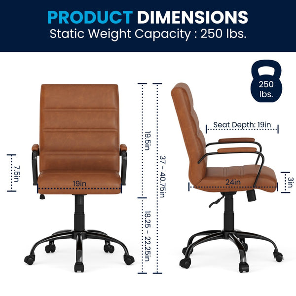 English Elm Whitney Mid-Back Executive Swivel Office Chair - Ergonomic Support, Stylish Design, Adjustable Comfort Brown LeatherSoft/Black Frame GO-2286M-BR-BK-GG