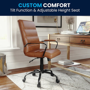 English Elm Whitney Mid-Back Executive Swivel Office Chair - Ergonomic Support, Stylish Design, Adjustable Comfort Brown LeatherSoft/Black Frame GO-2286M-BR-BK-GG