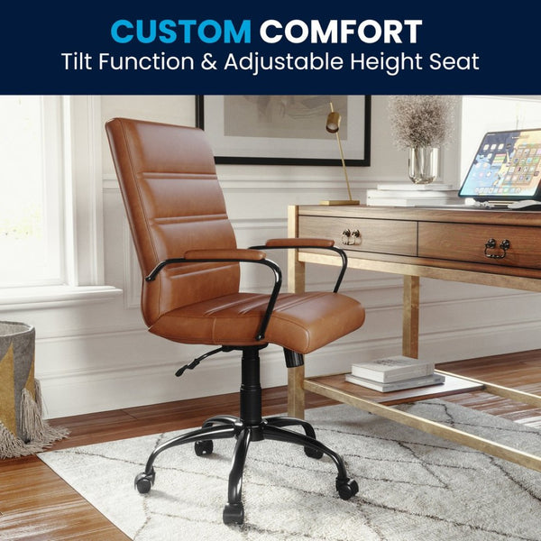 English Elm Whitney Mid-Back Executive Swivel Office Chair - Ergonomic Support, Stylish Design, Adjustable Comfort Brown LeatherSoft/Black Frame GO-2286M-BR-BK-GG