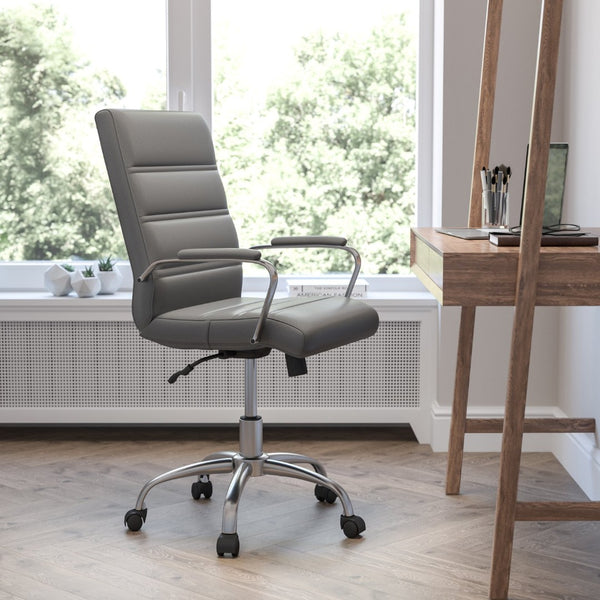 English Elm Whitney Mid-Back Executive Swivel Office Chair - Ergonomic Support, Stylish Design, Adjustable Comfort Gray LeatherSoft/Chrome Frame GO-2286M-GR-GG