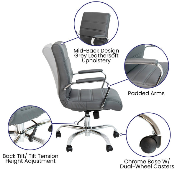 English Elm Whitney Mid-Back Executive Swivel Office Chair - Ergonomic Support, Stylish Design, Adjustable Comfort Gray LeatherSoft/Chrome Frame GO-2286M-GR-GG