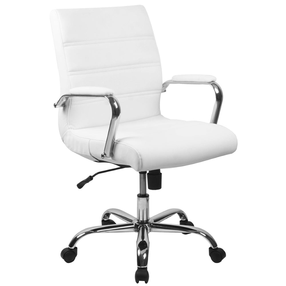 English Elm Whitney Mid-Back Executive Swivel Office Chair - Ergonomic Support, Stylish Design, Adjustable Comfort White LeatherSoft/Chrome Frame GO-2286M-WH-GG