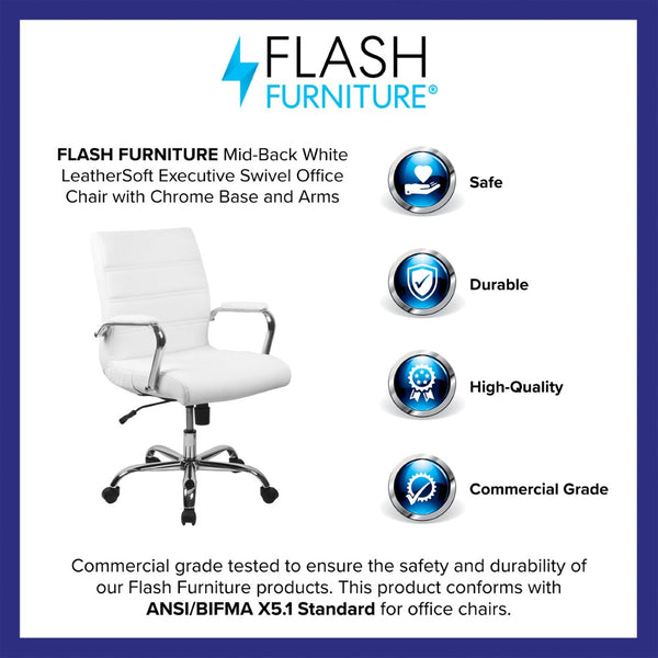 English Elm Whitney Mid-Back Executive Swivel Office Chair - Ergonomic Support, Stylish Design, Adjustable Comfort White LeatherSoft/Chrome Frame GO-2286M-WH-GG