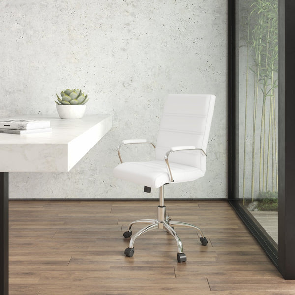 English Elm Whitney Mid-Back Executive Swivel Office Chair - Ergonomic Support, Stylish Design, Adjustable Comfort White LeatherSoft/Chrome Frame GO-2286M-WH-GG