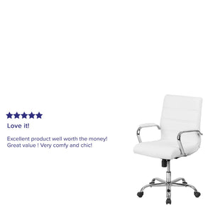 English Elm Whitney Mid-Back Executive Swivel Office Chair - Ergonomic Support, Stylish Design, Adjustable Comfort White LeatherSoft/Chrome Frame GO-2286M-WH-GG