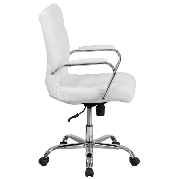 English Elm Whitney Mid-Back Executive Swivel Office Chair - Ergonomic Support, Stylish Design, Adjustable Comfort White LeatherSoft/Chrome Frame GO-2286M-WH-GG