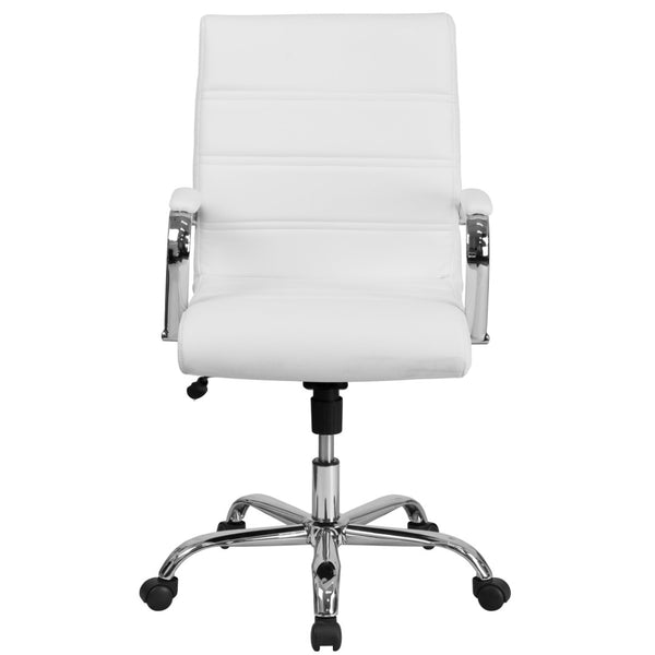 English Elm Whitney Mid-Back Executive Swivel Office Chair - Ergonomic Support, Stylish Design, Adjustable Comfort White LeatherSoft/Chrome Frame GO-2286M-WH-GG