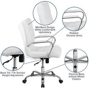 English Elm Whitney Mid-Back Executive Swivel Office Chair - Ergonomic Support, Stylish Design, Adjustable Comfort White LeatherSoft/Chrome Frame GO-2286M-WH-GG