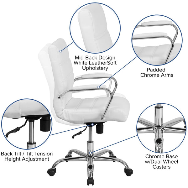 English Elm Whitney Mid-Back Executive Swivel Office Chair - Ergonomic Support, Stylish Design, Adjustable Comfort White LeatherSoft/Chrome Frame GO-2286M-WH-GG