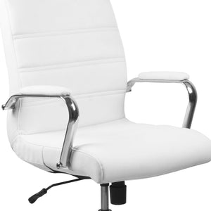 English Elm Whitney Mid-Back Executive Swivel Office Chair - Ergonomic Support, Stylish Design, Adjustable Comfort White LeatherSoft/Chrome Frame GO-2286M-WH-GG