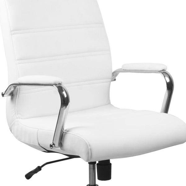 English Elm Whitney Mid-Back Executive Swivel Office Chair - Ergonomic Support, Stylish Design, Adjustable Comfort White LeatherSoft/Chrome Frame GO-2286M-WH-GG
