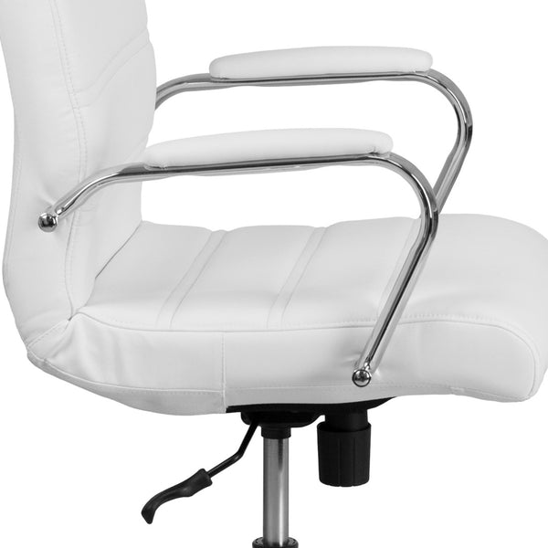 English Elm Whitney Mid-Back Executive Swivel Office Chair - Ergonomic Support, Stylish Design, Adjustable Comfort White LeatherSoft/Chrome Frame GO-2286M-WH-GG