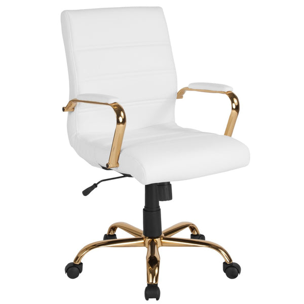 English Elm Whitney Mid-Back Executive Swivel Office Chair - Ergonomic Support, Stylish Design, Adjustable Comfort White LeatherSoft/Gold Frame GO-2286M-WH-GLD-GG