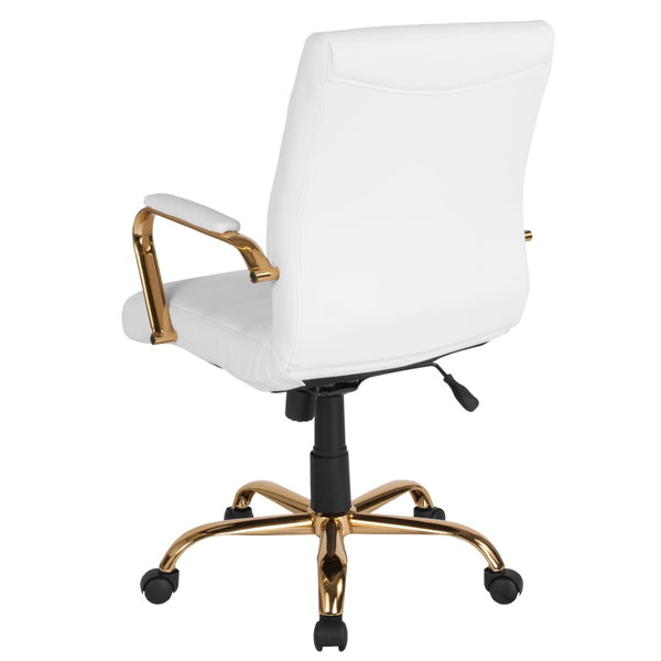 English Elm Whitney Mid-Back Executive Swivel Office Chair - Ergonomic Support, Stylish Design, Adjustable Comfort White LeatherSoft/Gold Frame GO-2286M-WH-GLD-GG