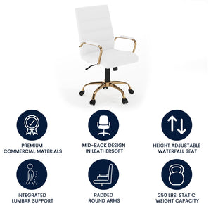 English Elm Whitney Mid-Back Executive Swivel Office Chair - Ergonomic Support, Stylish Design, Adjustable Comfort White LeatherSoft/Gold Frame GO-2286M-WH-GLD-GG