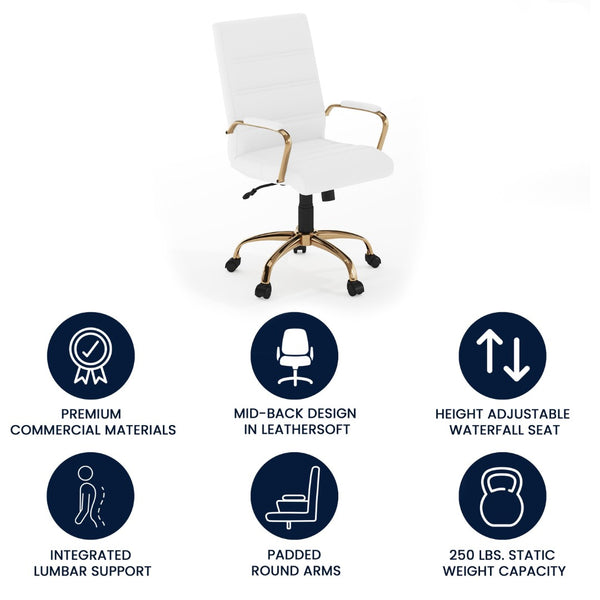English Elm Whitney Mid-Back Executive Swivel Office Chair - Ergonomic Support, Stylish Design, Adjustable Comfort White LeatherSoft/Gold Frame GO-2286M-WH-GLD-GG