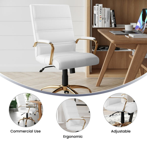 English Elm Whitney Mid-Back Executive Swivel Office Chair - Ergonomic Support, Stylish Design, Adjustable Comfort White LeatherSoft/Gold Frame GO-2286M-WH-GLD-GG