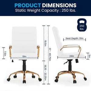 English Elm Whitney Mid-Back Executive Swivel Office Chair - Ergonomic Support, Stylish Design, Adjustable Comfort White LeatherSoft/Gold Frame GO-2286M-WH-GLD-GG