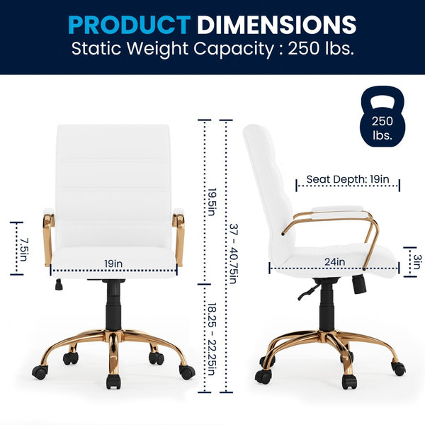 English Elm Whitney Mid-Back Executive Swivel Office Chair - Ergonomic Support, Stylish Design, Adjustable Comfort White LeatherSoft/Gold Frame GO-2286M-WH-GLD-GG
