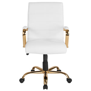 English Elm Whitney Mid-Back Executive Swivel Office Chair - Ergonomic Support, Stylish Design, Adjustable Comfort White LeatherSoft/Gold Frame GO-2286M-WH-GLD-GG