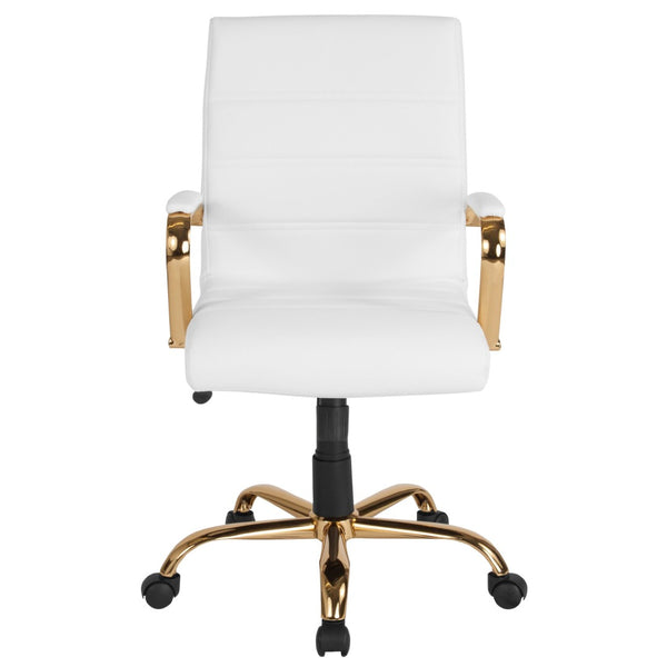 English Elm Whitney Mid-Back Executive Swivel Office Chair - Ergonomic Support, Stylish Design, Adjustable Comfort White LeatherSoft/Gold Frame GO-2286M-WH-GLD-GG