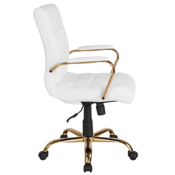 English Elm Whitney Mid-Back Executive Swivel Office Chair - Ergonomic Support, Stylish Design, Adjustable Comfort White LeatherSoft/Gold Frame GO-2286M-WH-GLD-GG