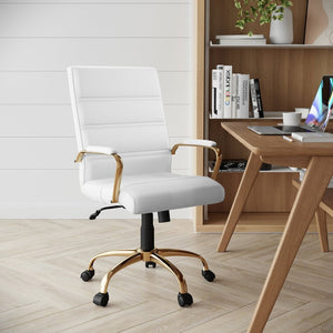English Elm Whitney Mid-Back Executive Swivel Office Chair - Ergonomic Support, Stylish Design, Adjustable Comfort White LeatherSoft/Gold Frame GO-2286M-WH-GLD-GG