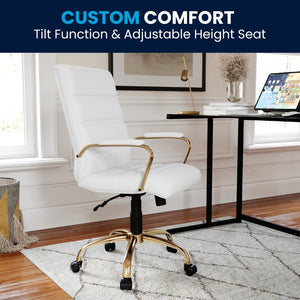 English Elm Whitney Mid-Back Executive Swivel Office Chair - Ergonomic Support, Stylish Design, Adjustable Comfort White LeatherSoft/Gold Frame GO-2286M-WH-GLD-GG