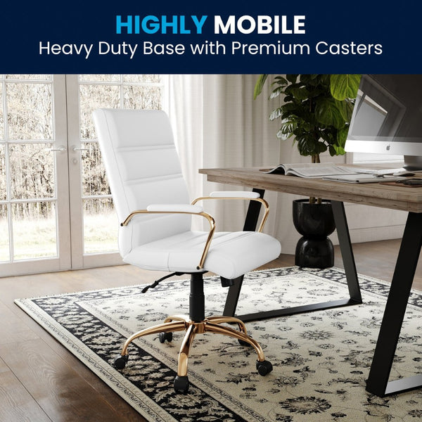 English Elm Whitney Mid-Back Executive Swivel Office Chair - Ergonomic Support, Stylish Design, Adjustable Comfort White LeatherSoft/Gold Frame GO-2286M-WH-GLD-GG